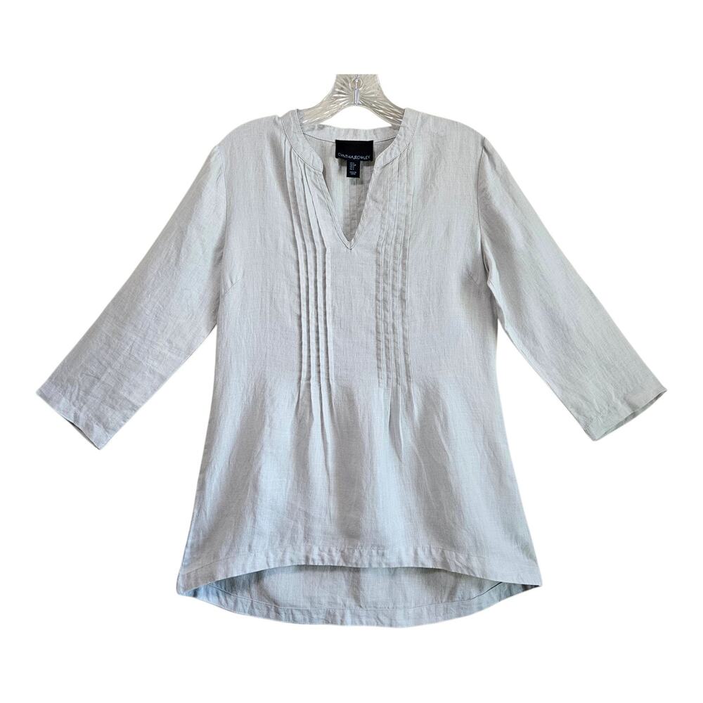CYNTHIA ROWLEY Women's S Linen Blouse Light Gray Pintuck Pleats 3/4 Sleeve 36"